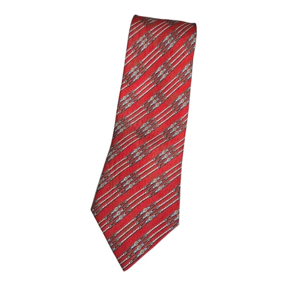 HERMÈS Men's 100% Silk Necktie LUXURY 695 OA Red Interlocking Belts W:3.5" EUC